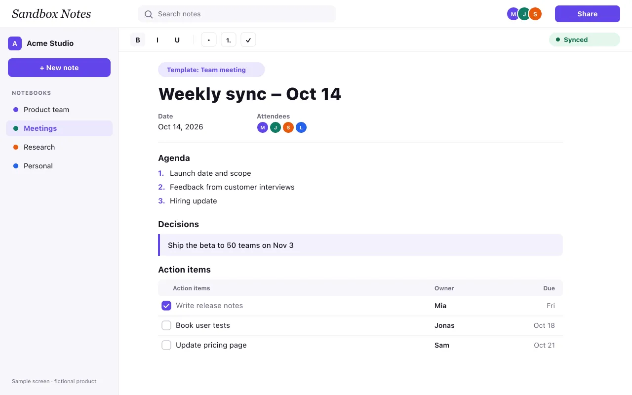 A weekly sync note built from the team meeting template, with agenda, decision and action items