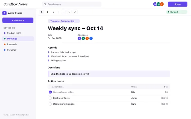 A meeting note built from the team meeting template