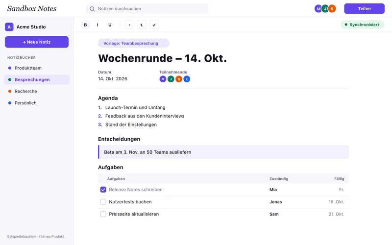 Eine Notiz zur Wochenrunde auf Basis der Vorlage für Teambesprechungen, mit Agenda, Entscheidung und Aufgaben