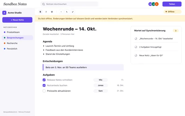 Der Editor im Offline-Modus mit drei Änderungen, die auf die Synchronisierung warten