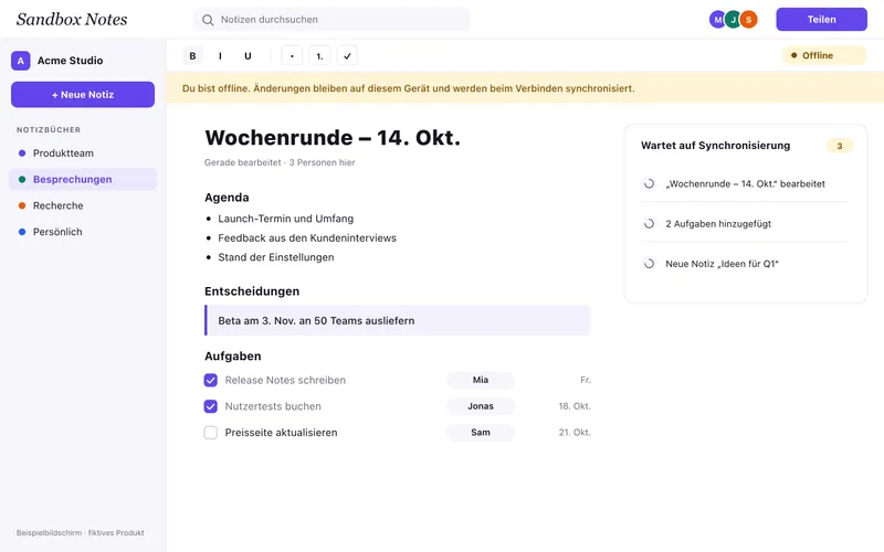 Der Editor im Offline-Modus mit Hinweisbanner und drei Änderungen, die auf die Synchronisierung warten