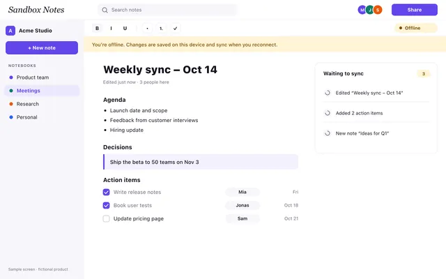 The editor in offline mode with three changes waiting to sync
