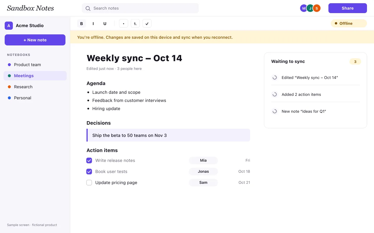 The editor in offline mode with a banner and three changes waiting to sync