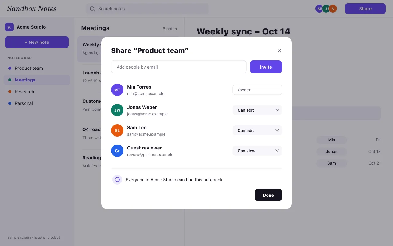 The share dialog of the Product team notebook with four members and their roles