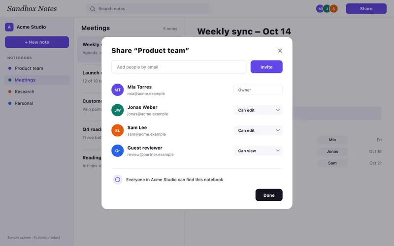 The share dialog of the Product team notebook with four members and their roles