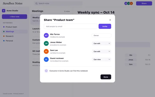 The share dialog listing four members and their roles