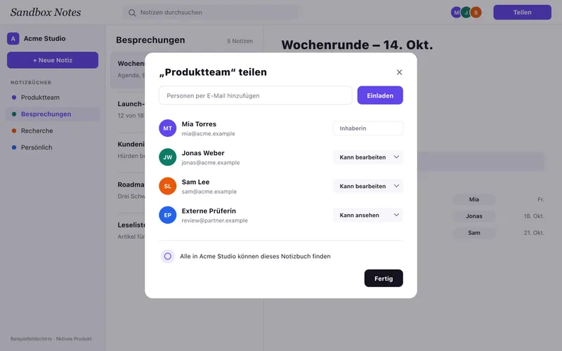 Der Teilen-Dialog des Notizbuchs Produktteam mit vier Mitgliedern und ihren Rollen