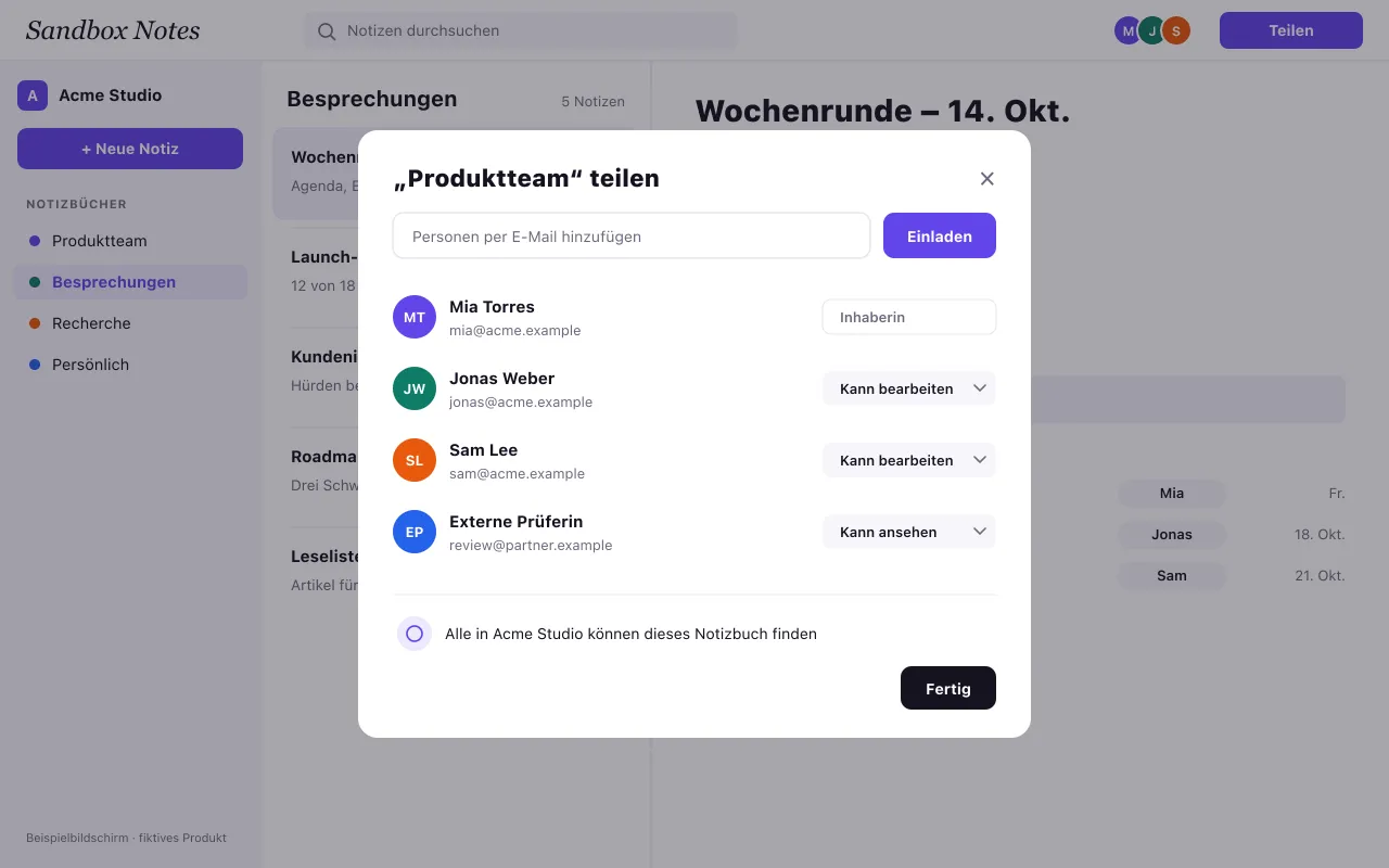 Der Teilen-Dialog des Notizbuchs Produktteam mit vier Mitgliedern und ihren Rollen